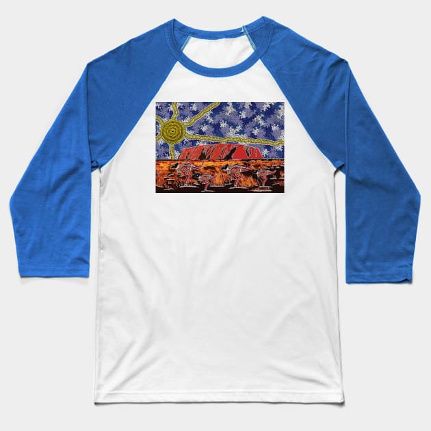 Aboriginal Art - Uluru Ayers Rock Blue Sky Baseball T-Shirt by hogartharts